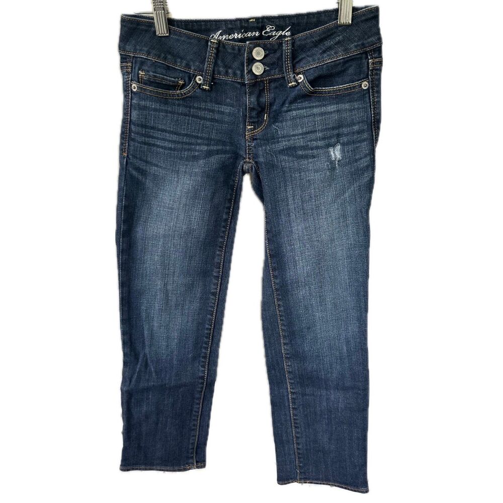 American Eagle Artist Stretch Dark Wash Distressed Factory Faded Denim Jeans 00